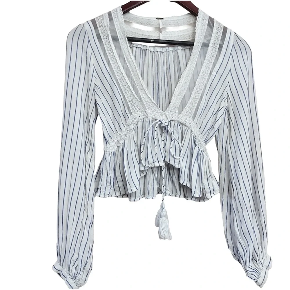 Free People | Oberoi Hippie Plunging V Neck Lace Tassel Boho Sheer Peplum Top- M - Picture 7 of 9